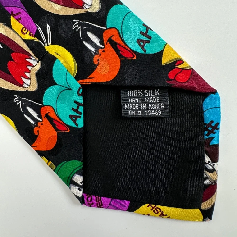 Looney Tunes Mania Necktie Black 1994 Vintage Silk Cartoon‎ Hearts Bugs Bunny